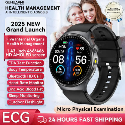 1.43'' HD Sapphire Smart Watch Bluetooth Call Blood Fat Uric Acid Heart Rate Body Analysis Five Organs Health Smartwatch Men Wom