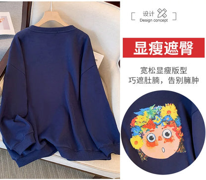 150kg plus size Damen büste Herbst Winter lose Rundhals ausschnitt Fleece warmes Sweatshirt bedrucktes Oberteil blau 5xl 6xl 7xl 8xl 9xl.
