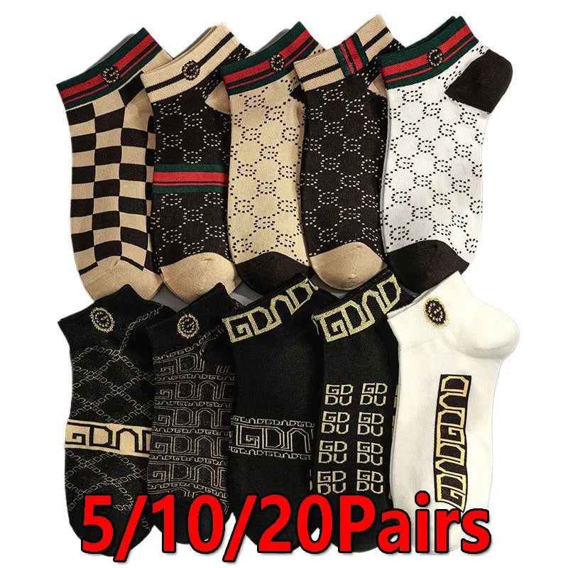 5/10/20 Pairs Mens Socks Short Breathable Luxury Socks Designer Brand Low-Cut Fashion Trendy Socks Geometric Pattern.
