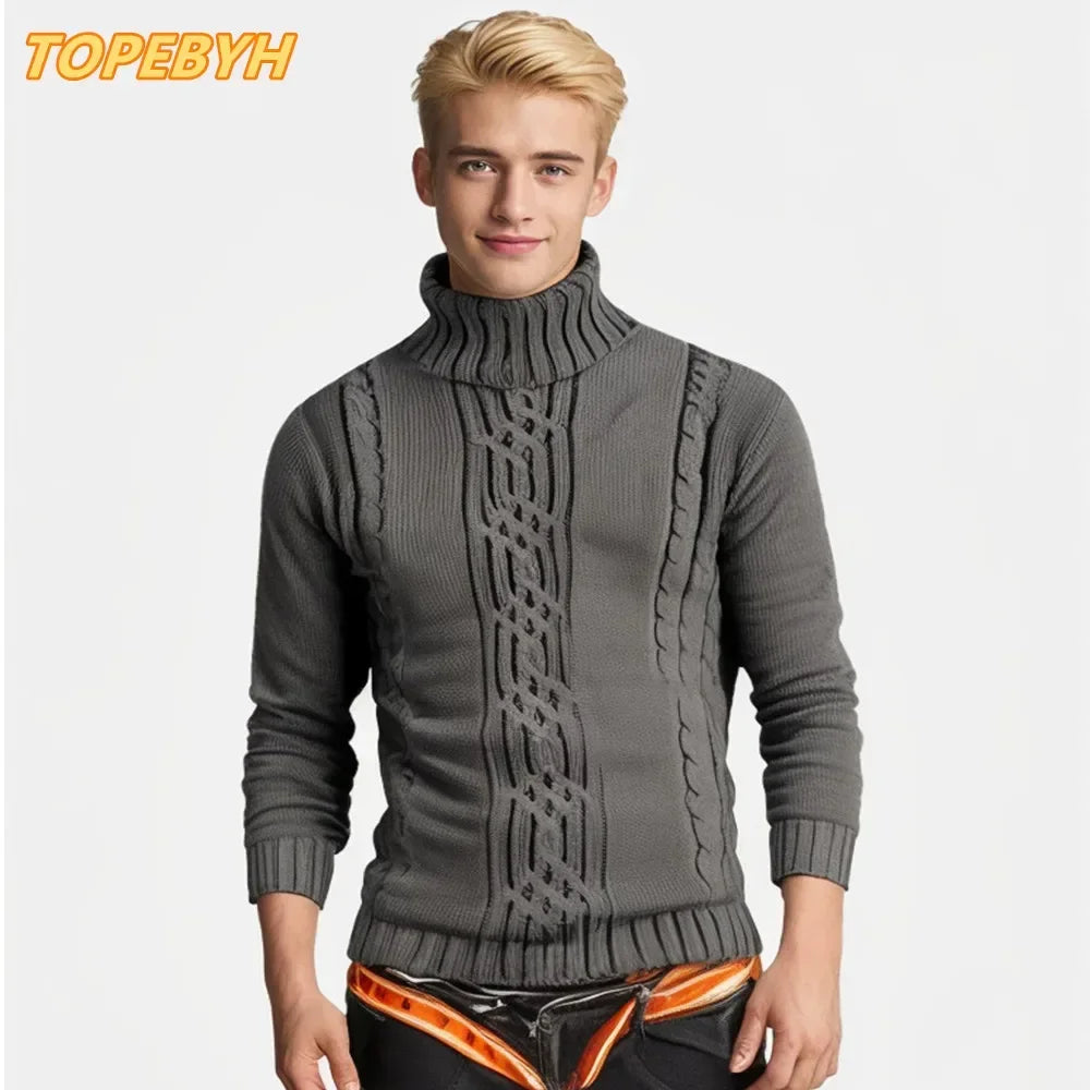 2025 Men's Warm Sweater Long Sleeve Turtleneck Sweater Retro Knitted  Pullover Sweaters.
