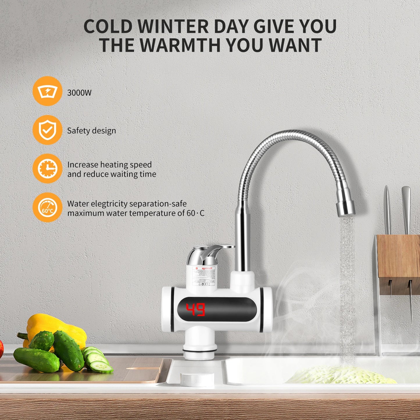 Instant Hot Water Tap Electric Instant Heater Boiling Tap EU 220V Faucet Fast Hot Water Tap with LED Digital Display for Kitchen