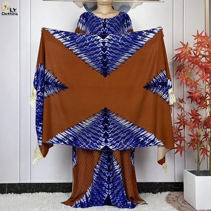 2024 New Muslim Women Dashiki Printed Dress Flower Diamonds Loose Dress With Big Scarf Islamic African Women Short Sleeve Abaya.