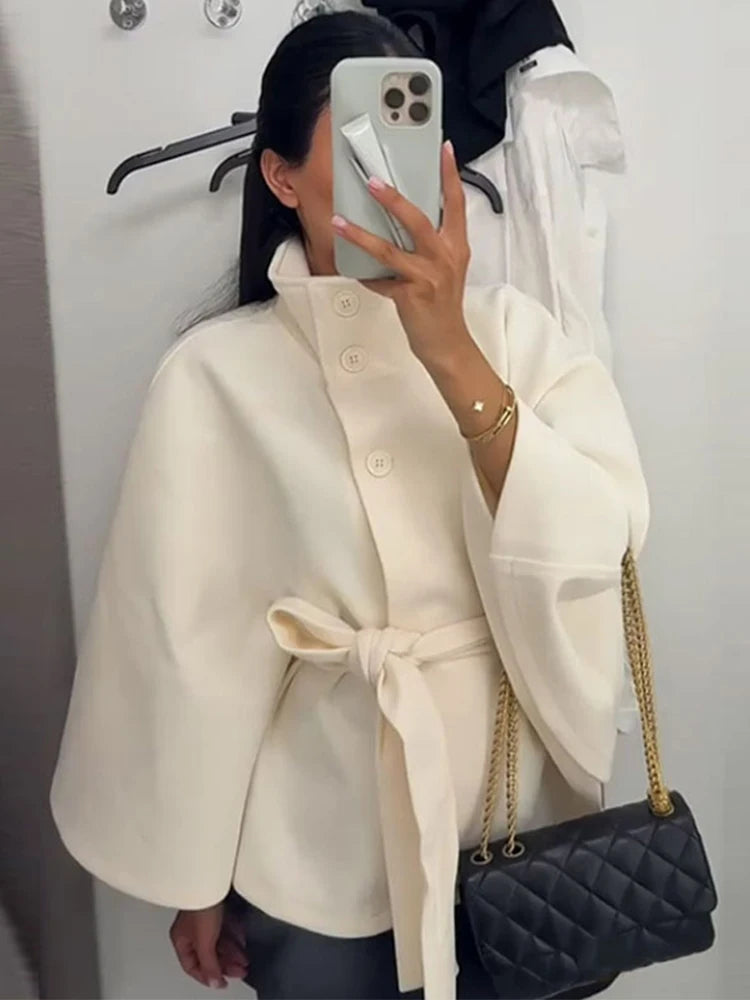 Mode Stehen Kragen Frauen Mantel mit Gürtel Casual Langarm Weibliche Lose Jacken Elegante Herbst Neue Feste Dame Oberbekleidung Straße.