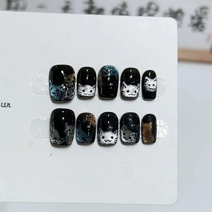 10Pcs Short Handmade Cat Eye Press on Nails Rose Ballet Wearable Rhinestones False Nails Glitter Decoration Manicure Nail Tips.
