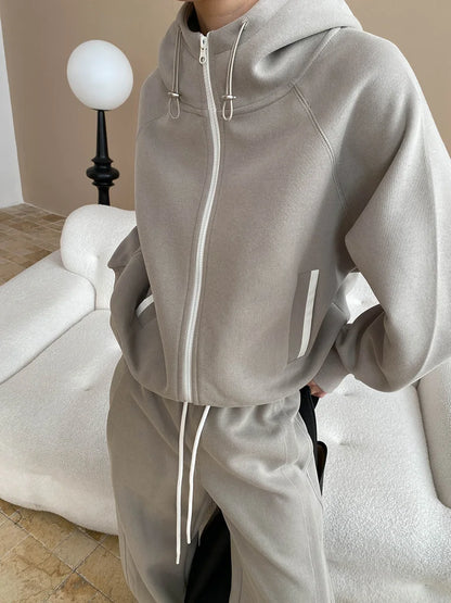 Spring and Autumn Women's Casual Solid Color Loose Hooded Sweatshirt+High Waist Loose Pants Set.