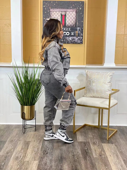 Pant Sets Long Sleeve Women Tracksuit Zipper Denim Coat Cargo Ankle Length Pants Pockets High Street Spliced Slim 2024.