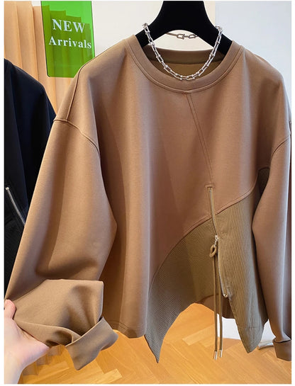 Autumn and Winter Women's Pullover Round Neck Hoodie Lazy Style Splicing Design Loose Long Sleeve Tops.