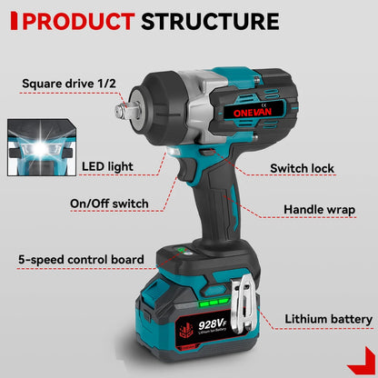 ONEVAN 2800N.M Bürstenloser elektrischer Schlagschrauber 1/2 Zoll Akku-Drehmomentschlüssel Schraubendreher Elektrowerkzeug für Makita 18V Batterie Pin