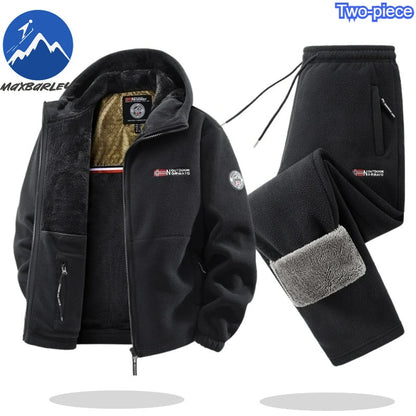 Maxbarley Winter Sportswear Set Mens Retro Training Thick Fleece Jacket + Pants Two Piece Set Casual Ski Running Tracksuit Suit.