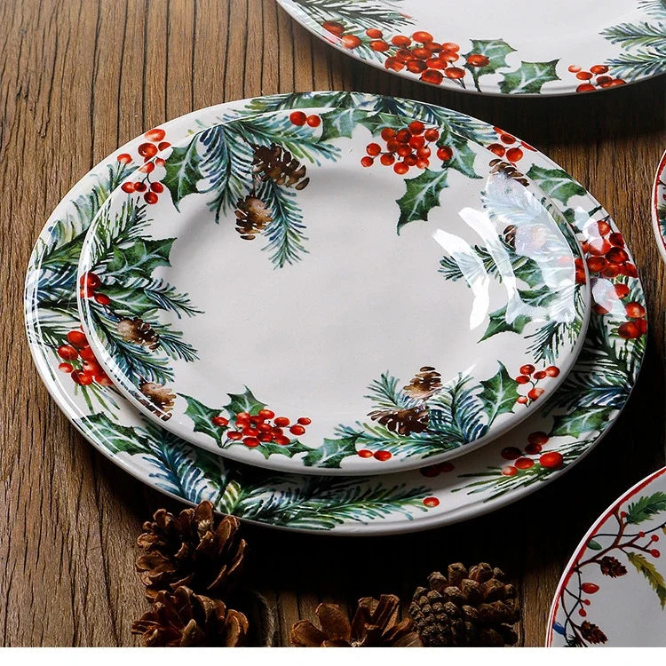 Christmas Ceramic Dinner Plate Set Household Underglaze Flat Round Dim Sum Decorative  Sushi.