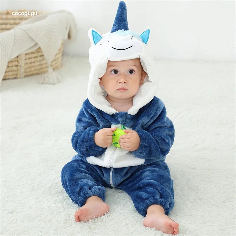 Blau rosa Einhorn Stram pler Baby Boy Mädchen Pyjama bebe Kleidung niedlichen Bodys Flanell warme einteilige Winter Halloween Tier Outfit.