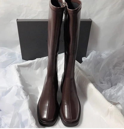 Vintage Thick Heel Women Knee High Boots Fashion Side Zippers Shoes Autumn Winter Ladies Concise Long Botas De Mujer.