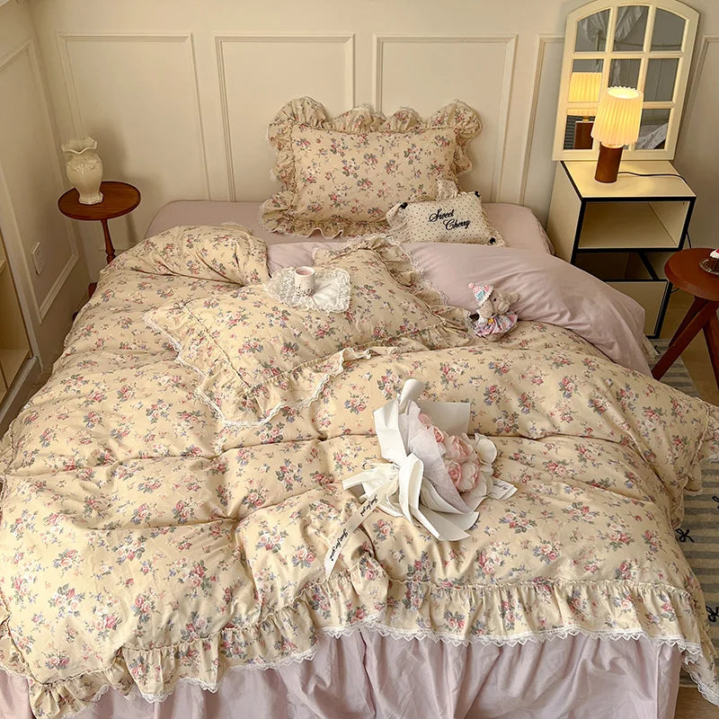 Korean Princess Style Ruffles Flower Print Bedding Set Duvet Cover Set Bed Skirt Bedspread Pillowcases 100% Cotton Home Textile.