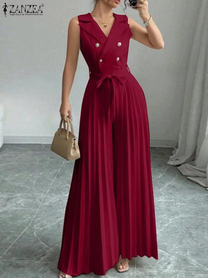 Fashion Women Jumpsuits 2025 ZANZEA Summer Rompers Elegant Wide Leg Work OL Overalls V Neck Sleeveless Pleated Playsuit Trousers.