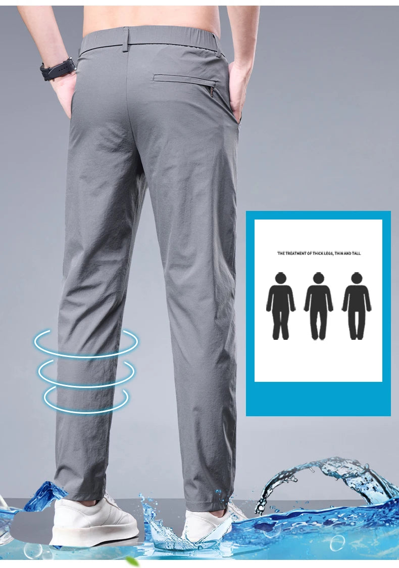 Summer New Business Ice Silk Pants Straight Elastic Waist Black Gray Trousers Breathable Simple Male Clothing Casual Suit Pants.