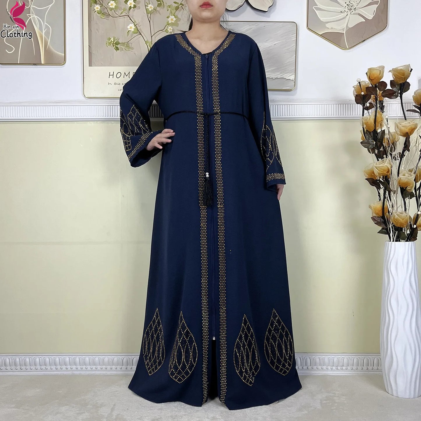 New Dubai Women Elegant Dress Diamonds Chiffon Open Abaya with Zipper Islamic Turkey Clothing Women Muslim Party Evening Dress.