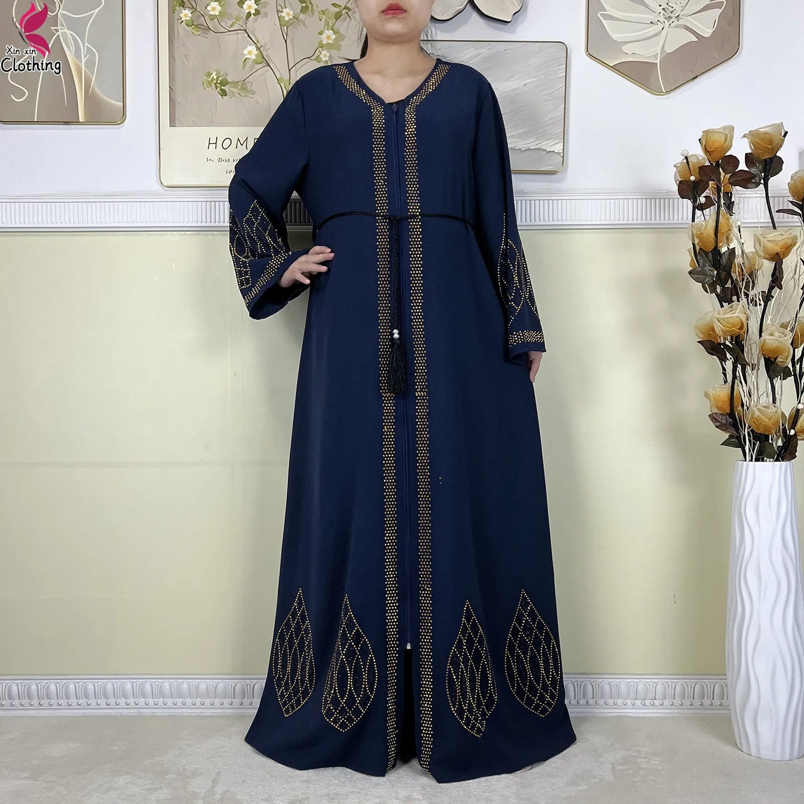 New Dubai Women Elegant Dress Diamonds Chiffon Open Abaya with Zipper Islamic Turkey Clothing Women Muslim Party Evening Dress.