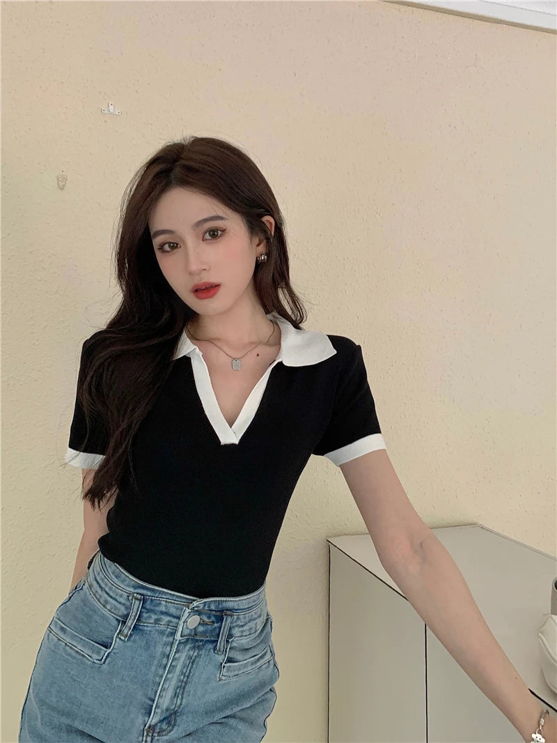 Jielur Spell Color Polo Knitting Women's Blouses Slim Sexy Short Sleeve Summer New Casual Female Blouse Chic Simple Office Lady