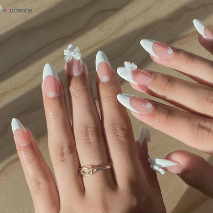 White French Style Fake Nails Gentle Pink Press on Nails 3D Bowknot Design Almond Charm Manicure Korean Fashion False Nail 24Pcs.