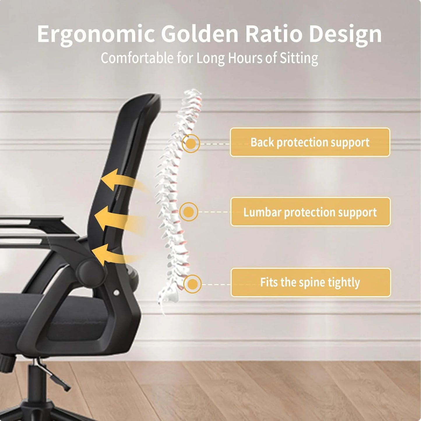 Office Chair Ergonomic Mesh Flip-Up Arms Gaming Chair with Mid Back Cushion Lumbar Support for Home Bedroom Working