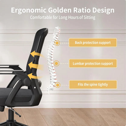 Office Chair Ergonomic Mesh Flip-Up Arms Gaming Chair with Mid Back Cushion Lumbar Support for Home Bedroom Working
