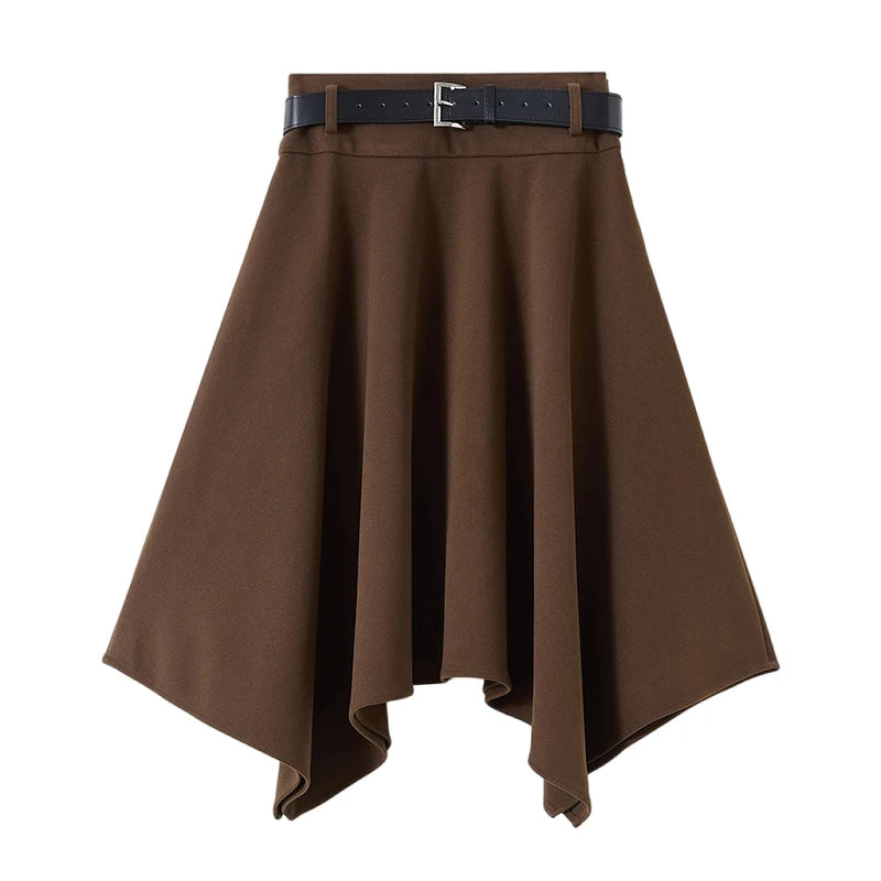 High Quality Irregular Woolen Skirt Women 2025 Autumn Winter New High Waist Slimming Midi Skirt Elegant A-line Faldas with Belt.