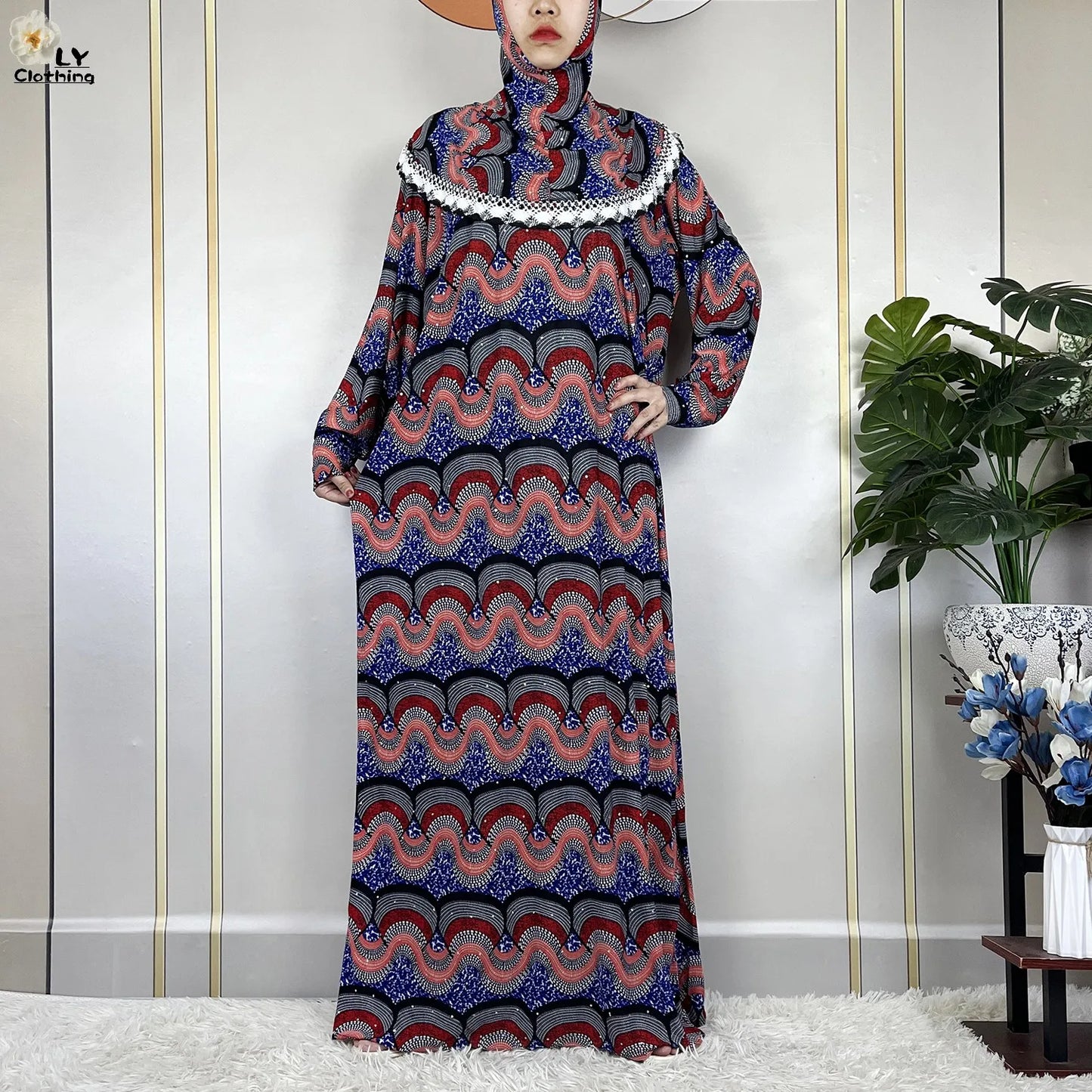 Muslim Ramadan Prayer For Women Long Sleeved Floral 2023Dubai Turkey Middle East Femme Loose Robe African Abayas Headscarf Dress.
