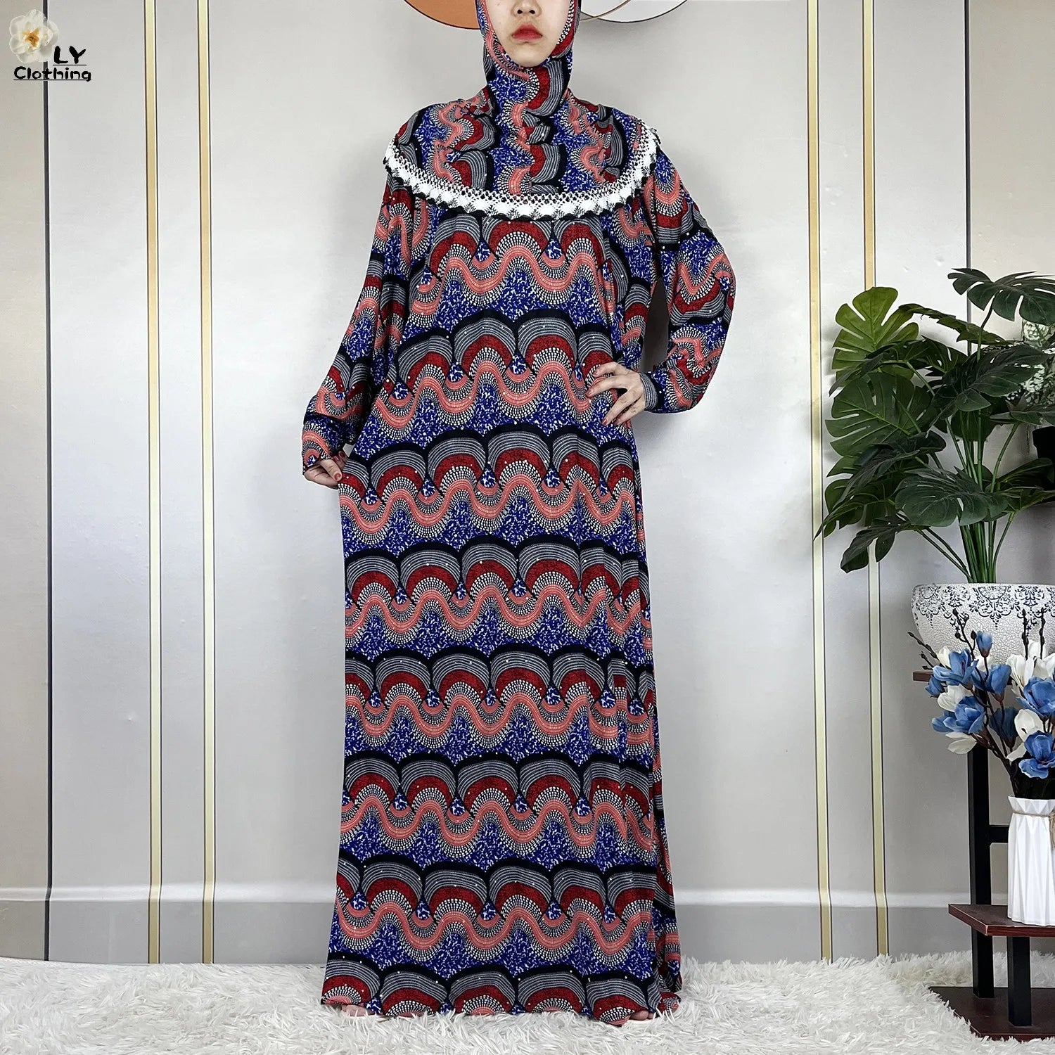 Muslim Ramadan Prayer For Women Long Sleeved Floral 2023Dubai Turkey Middle East Femme Loose Robe African Abayas Headscarf Dress.