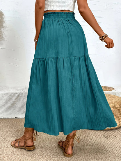 Fairyshely Casual Green Split Long Skirt Women 2025 Summer Ruffle High Waist Midi Skirt Lady Elegant Solid A line Pleated Skirt.