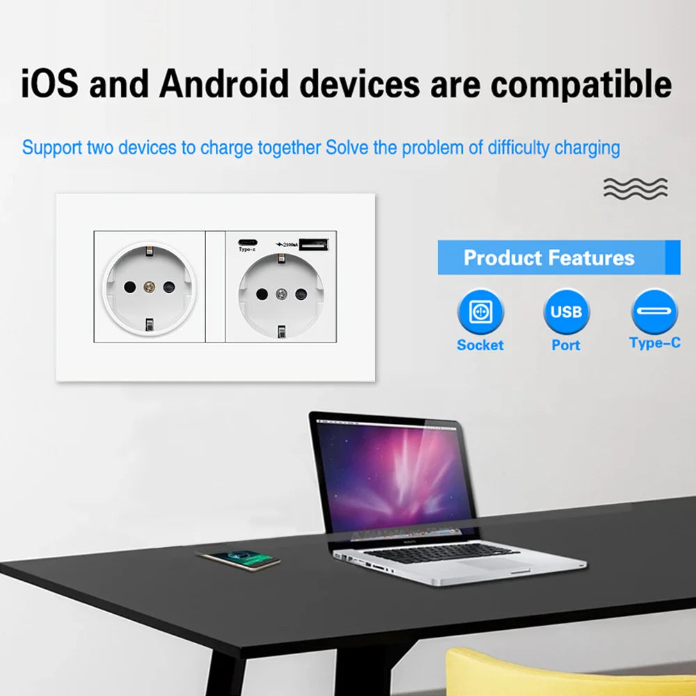 Eiomr eu standard steckdose, einfach und doppelt 220v 16a weiß schwarz pc panel eu steckdose, wand usb typ c stecker steckdose für zu hause.