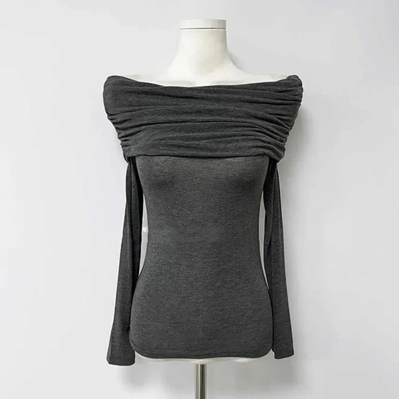 Korean Dongdaemun Spring Summer New Style Elegant One Shoulder Pleated Thin Long Sleeve Slimming Fit Cotton T-Shirt