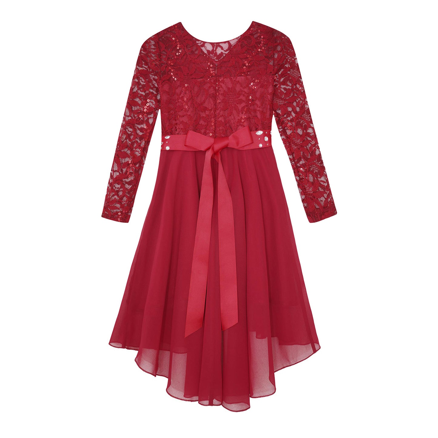 Elegantes Spitzen-Partykleid für Kinder, Mädchen, Chiffon, Spleißen, langärmelig, Kleid mit hohem und niedrigem Saum und Strass-Schärpe für Hochzeit, Geburtstag