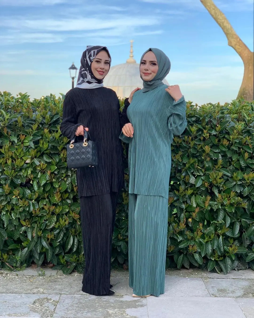 Women Casual Vintage Muslim Sets Ramadan Abaya Hijab Turkey Dubai Kaftan Prayer Dress Wide Leg Pants 2 PCS Sets Islamic Clothing.