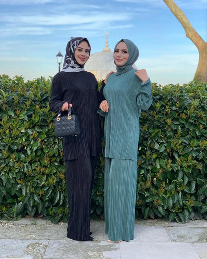 Women Casual Vintage Muslim Sets Ramadan Abaya Hijab Turkey Dubai Kaftan Prayer Dress Wide Leg Pants 2 PCS Sets Islamic Clothing.