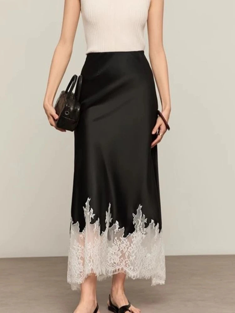 Mia Girl Elegant Satin Long Skirts for Women Oversize Lace Patchwork High Waist A-line Skirt French Style Summer Chic Lady Skirt
