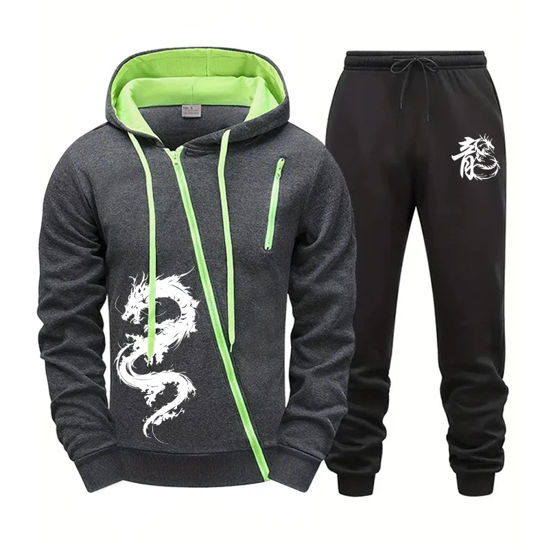 Men's Zipper Hooded Tracksuit Chinese Dragon Print Jacket Sweatpants 2pcs Set Male Outdoor Casual Sports Riding Versatile Outfit.