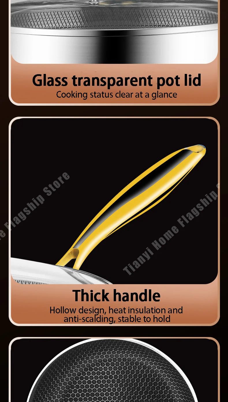 316 Stainless Steel Frying Pan Wok Non-stick Cooking Honeycomb Steak Gas Stove Pot Induction General Saucepan Kitchen Cookware