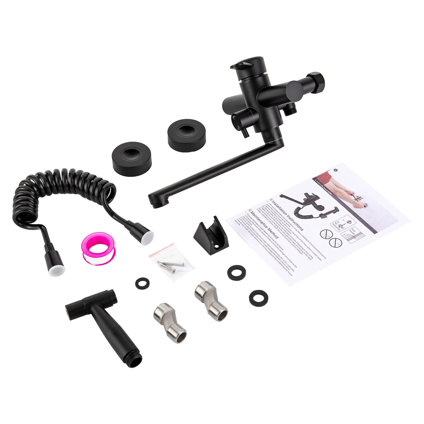 Wall-Mounted Kitchen Mixer Tap with Sprayer, 360° Swivel Stainless Steel Spout & Anti-Leak Design for Sink/Laundry, Black/Silver