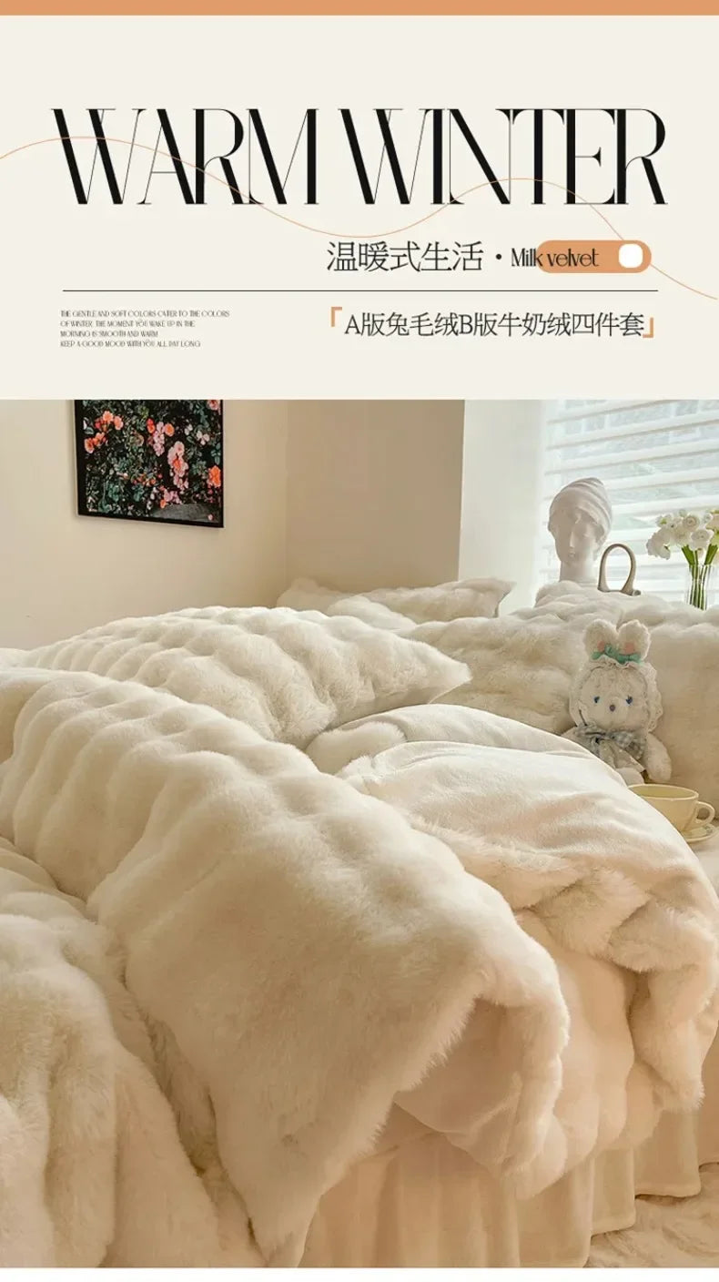 4pcs Grey Rabbit Fur Bedding Set Thick Milk Plush Winter Duvet Cover Warm Bed Sheets, Queen Size Four Piece Set  Bedroom Decor.