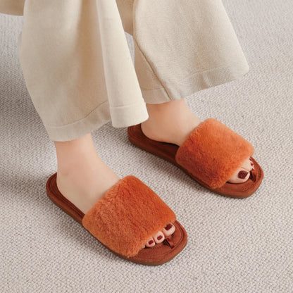 Litfun Women Warm Slides Plush Flat Slippers Women Warm Slides Cozy Soft Sole Faux Fur Shoes Female Cute Open Toe Home Slippers.