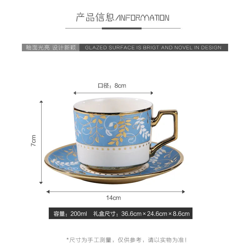 French light luxury retro ceramic coffee cup and saucer set, household tableware, six cups and six saucers, gifts.