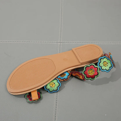 Yellow Embroidered Faux Flower Fashion Sandals Flat Plus Size 43 Summer Outdoor Beach Shoes Travel Mom Shoes.