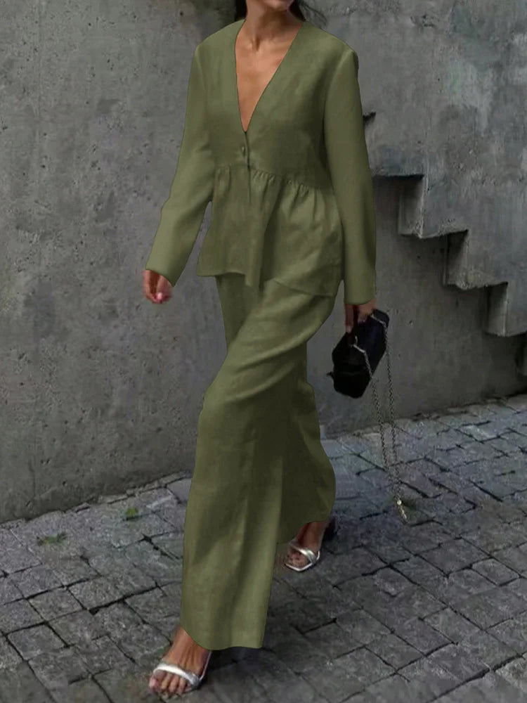 Summer Vacation Solid Color Simple Outfits Elegant V-neck Long Sleeve Tops&Wide Leg Pants Sets Fashion Loose Women's Commute Set.