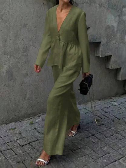 Summer Vacation Solid Color Simple Outfits Elegant V-neck Long Sleeve Tops&Wide Leg Pants Sets Fashion Loose Women's Commute Set.