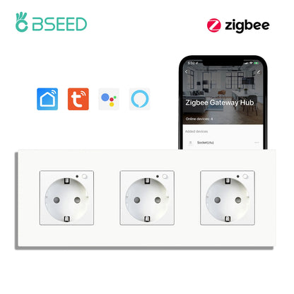 BSEED Einzelne ZigBee-Wandsteckdosen, Energiemonitor, doppelte Smart Meter-Steckdosen, Google Smart Life App, Alexa, Dreifachsteckdosen, EU-Kunststoff.