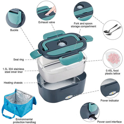 2-In-1 Electric Heating Lunch Box Car+Home 220V 1.5L 60W Portable Stainless Steel Liner Bento Lunchbox Food Container Bento Box.