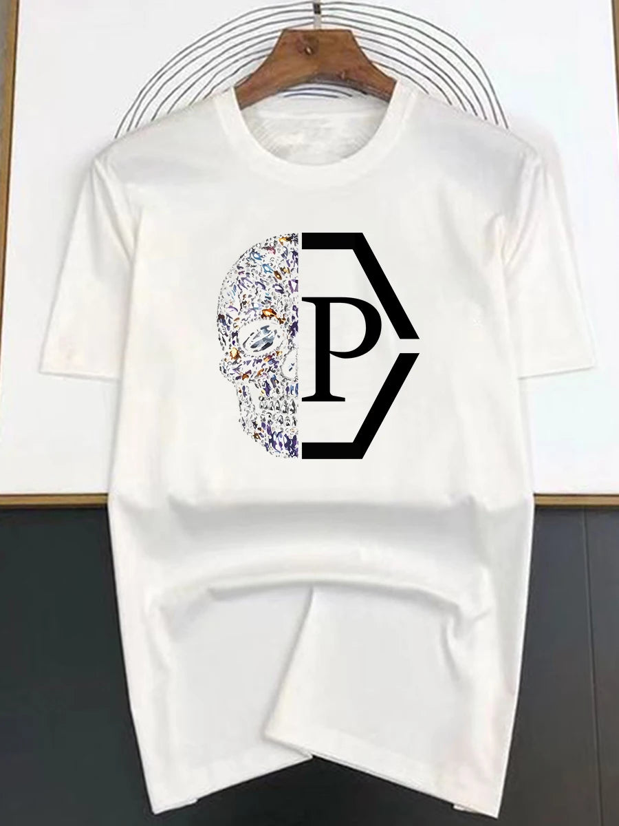 Summer Hip Hop Style Skulls Pattern T-shirt For Men Round Neck Short Sleeve Loose Tops Breathable Comfortable Oversized Clothing.