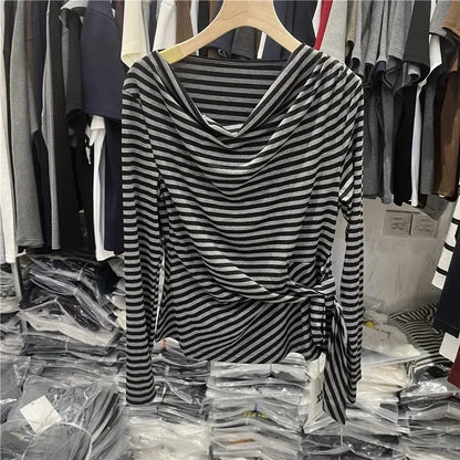 Women's Long Sleeve Striped T-Shirt Shoulder Baring Side Tie Base Shirt Versatile Autumn Fashion Design Cotton Top