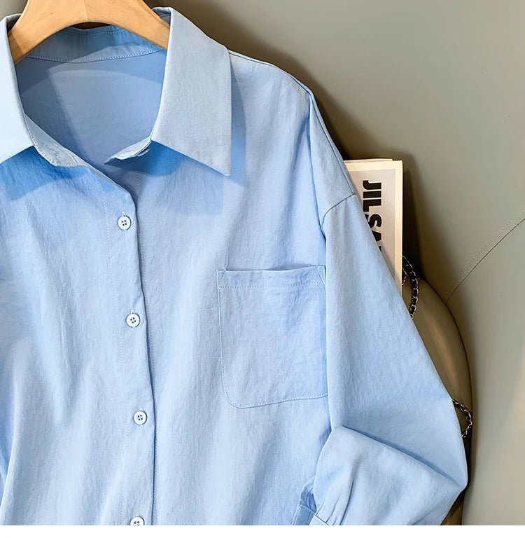 Plus Size Women's Blouses 2025 Spring Autumn Simple Lady Shirts Long Sleeve Big Pockets Shirt Loose Casual Tops