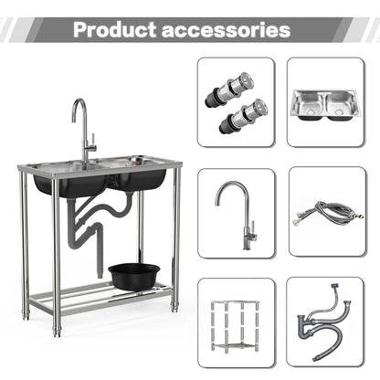 Doppelspüle aus Edelstahl mit Warm- und Kaltwasserhähnen und Ablaufset, perfekt für Garten und Camping